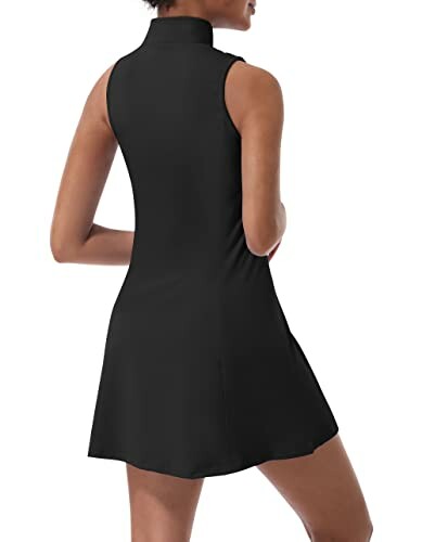 Back view of a woman wearing a sleeveless black dress