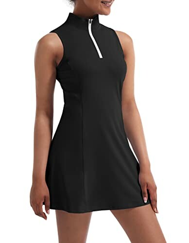 Woman wearing a sleeveless black dress with a zipper.
