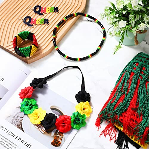 Colorful African-inspired jewelry and accessories on a table.