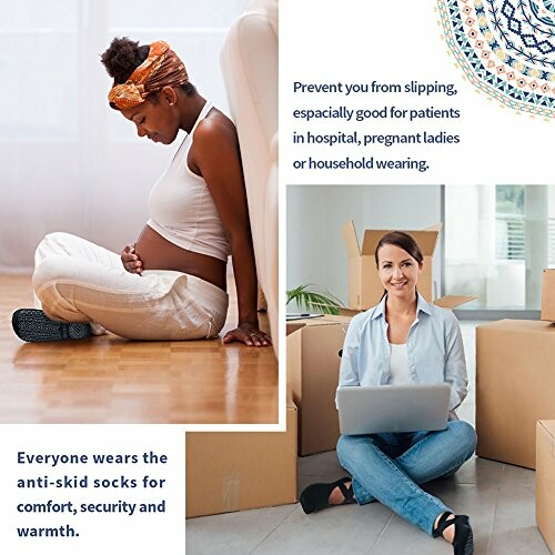Pregnant woman sitting and smiling woman with laptop, highlighting benefits of anti-skid socks.