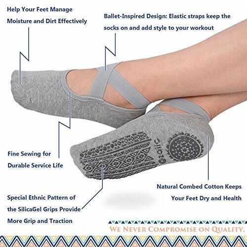 Gray ballet-inspired grip socks with elastic straps and detailed features.