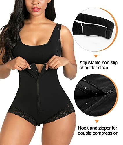 Woman wearing black shapewear bodysuit with adjustable straps and zipper.