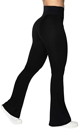 Person wearing black flare yoga pants and white sneakers.