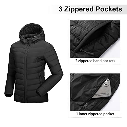 Black hooded jacket with three zippered pockets, including two hand pockets and one inner pocket. 