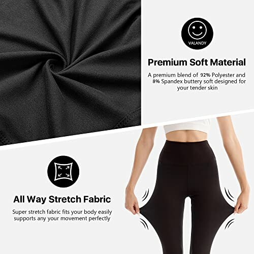 Premium soft black leggings with all-way stretch fabric description.