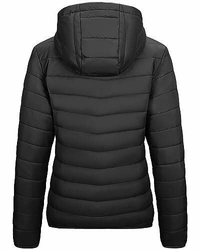 Back view of a black puffer jacket with hood 