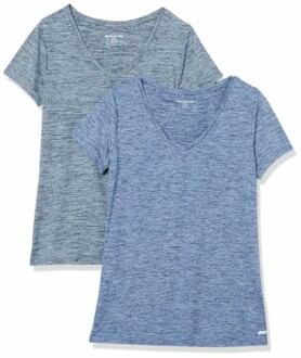 Two blue V-neck T-shirts with short sleeves.