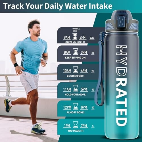 Man jogging beside a large water bottle with time markers for daily hydration.