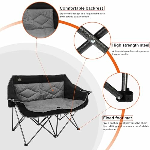 Features of a double camping chair including comfortable backrest, high strength steel, and fixed foot mat.