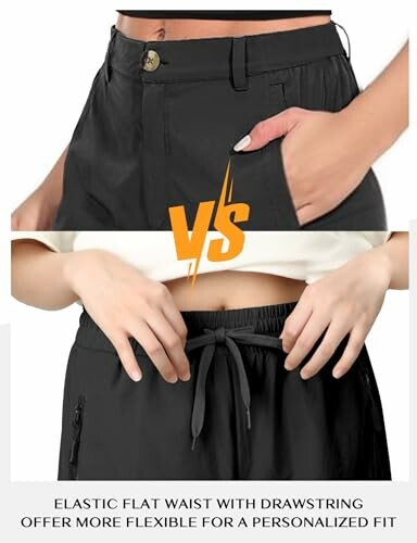Comparison of pants with button waist and elastic drawstring waist.
