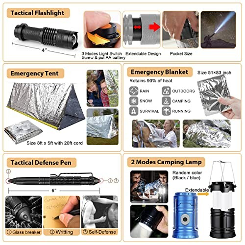 Emergency survival kit with tactical flashlight, tent, blanket, defense pen, and camping lamp.
