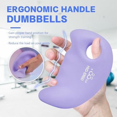 Hand holding ergonomic handle dumbbell in gym setting.