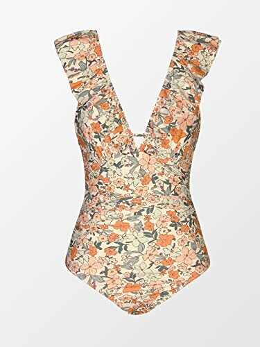 Floral print one-piece swimsuit with deep V-neck.