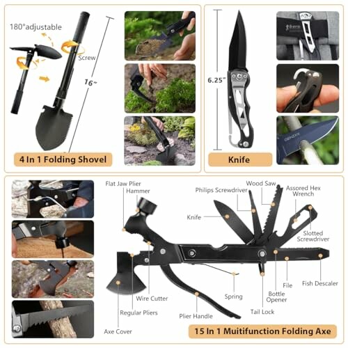 Folding tools set including shovel, knife, and multifunction axe.