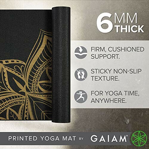 6mm thick printed yoga mat by Gaiam with firm, cushioned support and non-slip texture.