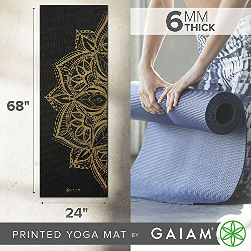Gaiam printed yoga mat with person rolling blue mat