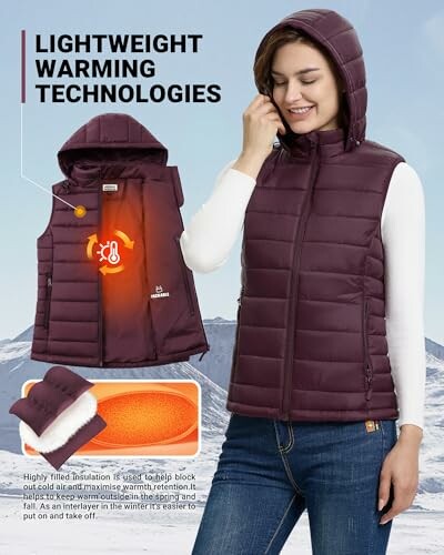 Woman wearing a heated insulated vest with lightweight warming technology.