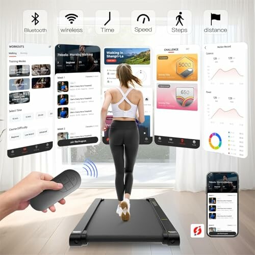 Person using a treadmill with fitness app interfaces displayed.