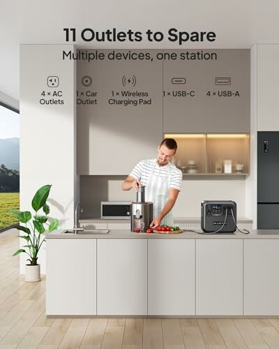 Man using a power station in a kitchen with multiple outlets.