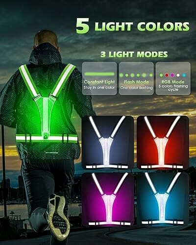 Person wearing LED safety vest with various light modes and colors.