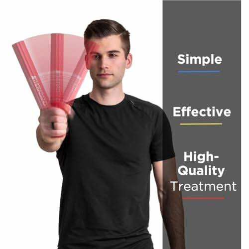 Man demonstrating a physical therapy tool with text: Simple, Effective, High-Quality Treatment.