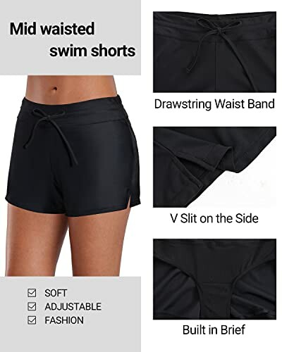 Mid waisted swim shorts with drawstring waist, V slit, and built-in brief.