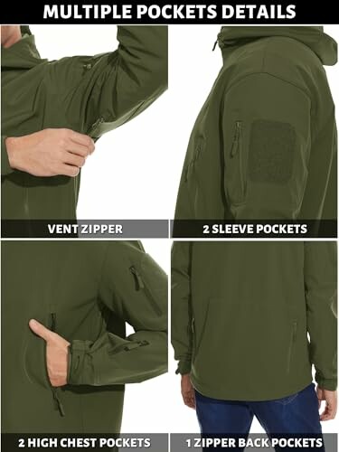 Jacket with multiple pockets including vent zipper, sleeve pockets, high chest pockets, and back zipper pocket.