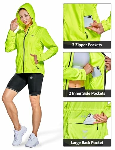 Person wearing neon green jacket with multiple pockets.