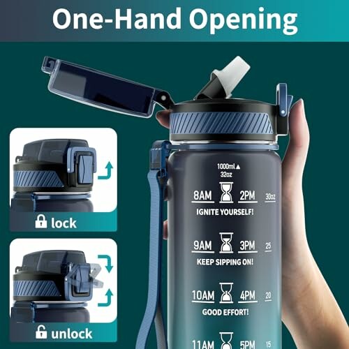 Water bottle with one-hand opening feature and time markers.