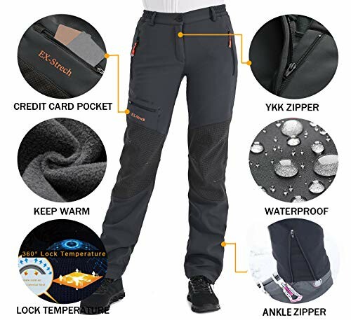 Features of outdoor hiking pants including credit card pocket, YKK zipper, warmth, waterproof, lock temperature, and ankle zipper.