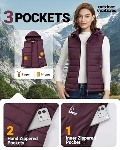 Woman wearing a purple vest with three pockets, showcasing zipper and phone storage.