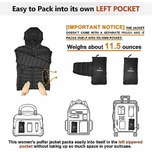 Diagram showing a puffer jacket packed into its own pocket. 