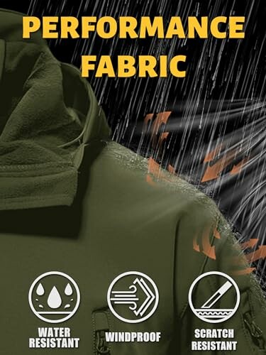 Jacket with performance fabric features: water resistant, windproof, scratch resistant.