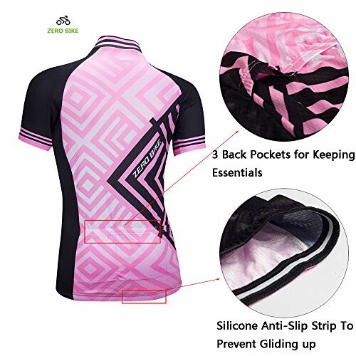 Pink cycling jersey with geometric design and features.