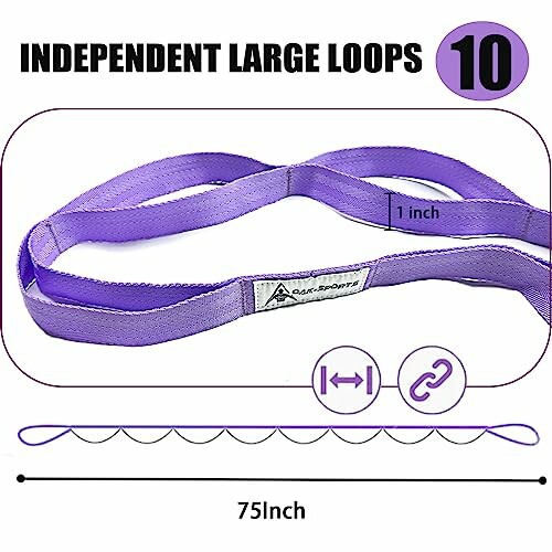 Purple exercise stretch band with 10 large loops, 1 inch wide, 75 inches long.