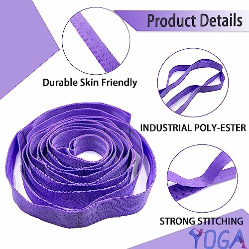 Purple yoga strap with product details highlighting durability and stitching.