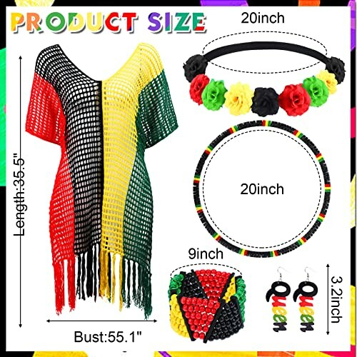 Rasta style dress with colorful accessories including headband, necklace, earrings, and bag.