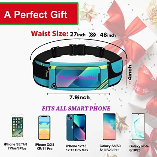 Running waist bag for smartphones, adjustable size, compatible with various phone models.