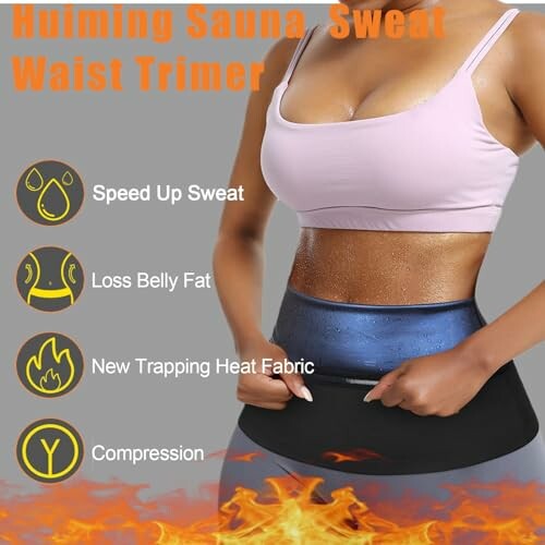 Woman wearing a waist trimmer promoting sweat and belly fat loss.