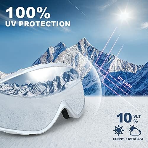 Ski goggles with UV protection in snowy mountain setting.
