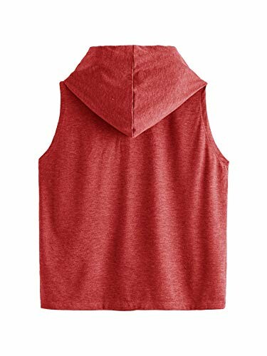 Back view of a sleeveless red hoodie with a hood.