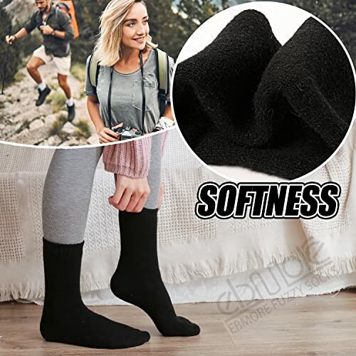 People hiking and wearing soft black socks for comfort.