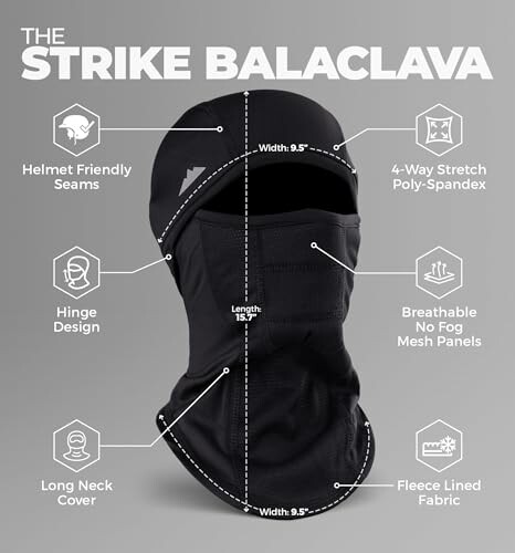 Black balaclava with features labeled: helmet friendly seams, 4-way stretch poly-spandex, hinge design, breathable no fog mesh panels, long neck cover, fleece lined fabric.