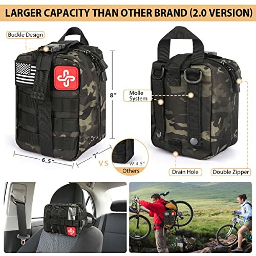 Tactical first aid kit bag with compartments and outdoor use.