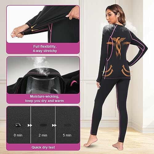 Woman wearing black thermal underwear demonstrating flexibility and moisture-wicking features.