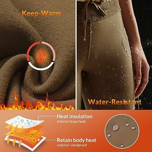 Thermal and water-resistant leggings with heat insulation and windproof features.