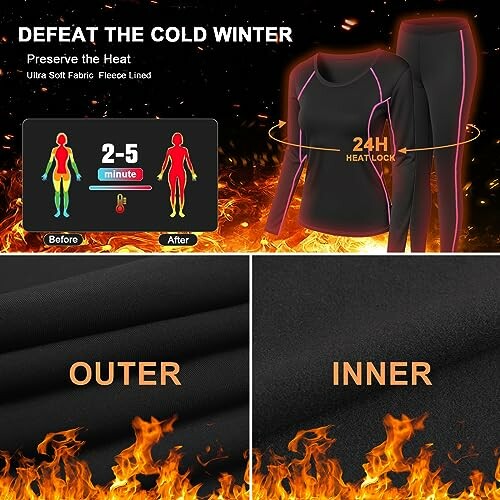 Thermal clothing set with heat preservation features for winter.