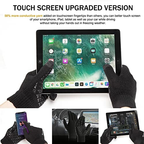 Touchscreen gloves used with tablet and smartphone in various scenarios.