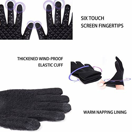 Black winter gloves with touchscreen fingertips, elastic cuff, and warm lining.