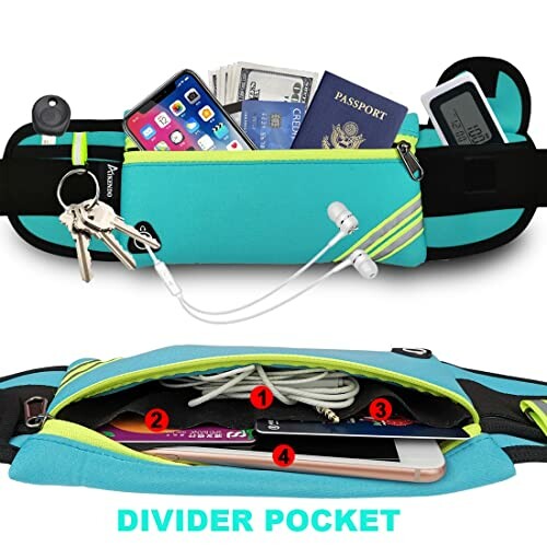 Travel waist pack with multiple pockets holding keys, phone, passport, and earphones